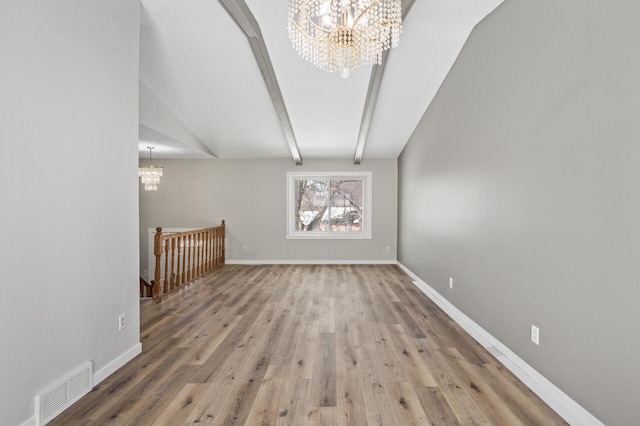 unfurnished room with light wood finished floors, visible vents, baseboards, lofted ceiling with beams, and a notable chandelier