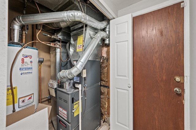 utility room featuring heating unit and water heater