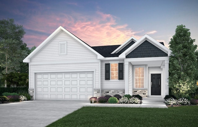 view of front of property featuring stone siding, concrete driveway, a lawn, and an attached garage