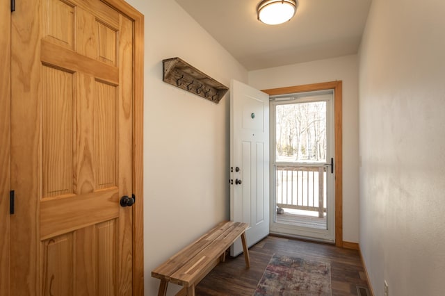 mudroom featuring baseboards and dark wood-type flooring