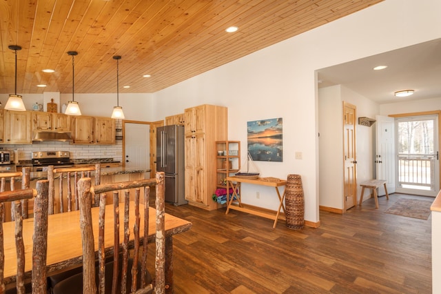 kitchen with wooden ceiling, under cabinet range hood, dark wood-style flooring, appliances with stainless steel finishes, and tasteful backsplash