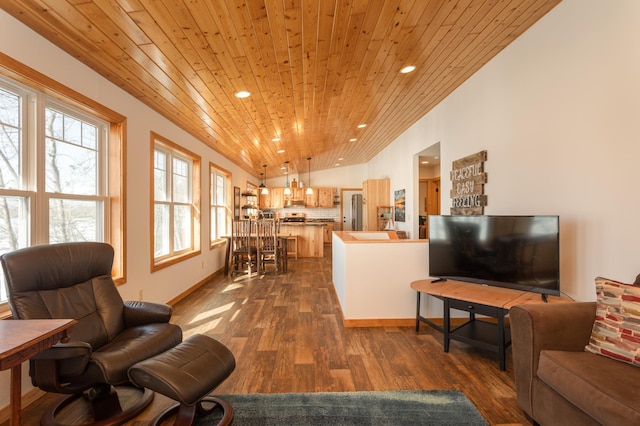 living area with wooden ceiling, baseboards, dark wood-style floors, and recessed lighting