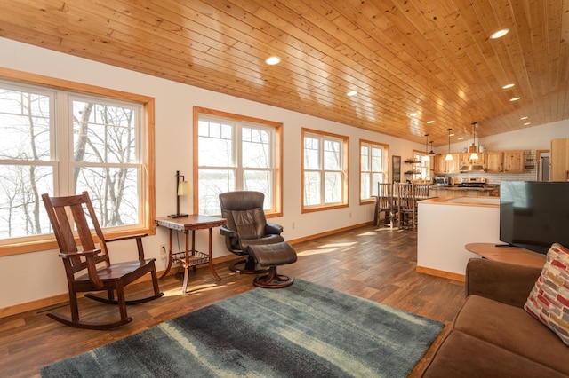 living area with wooden ceiling, recessed lighting, baseboards, vaulted ceiling, and dark wood finished floors