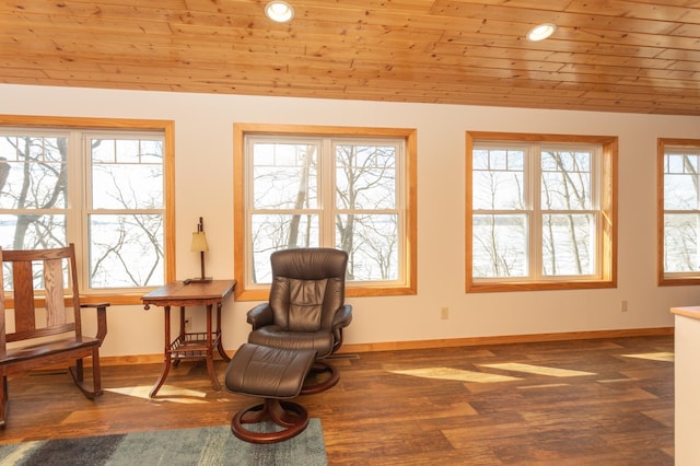 sitting room with recessed lighting, vaulted ceiling, wood finished floors, wooden ceiling, and baseboards