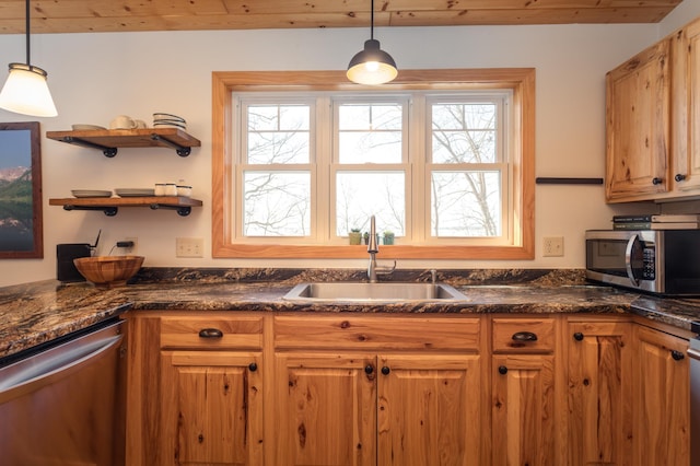 kitchen featuring a wealth of natural light, stainless steel appliances, a sink, and decorative light fixtures