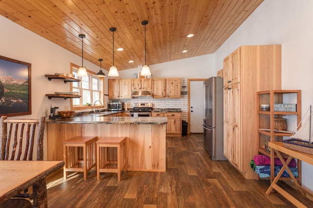 kitchen with lofted ceiling, wooden ceiling, a peninsula, appliances with stainless steel finishes, and light brown cabinetry