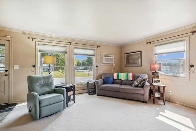 living area featuring carpet, crown molding, baseboards, and a wall mounted AC