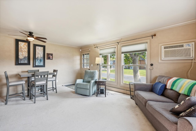 carpeted living area with ornamental molding, a wall mounted air conditioner, ceiling fan, and baseboards