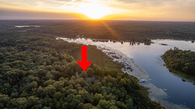 aerial view at dusk featuring a water view and a wooded view