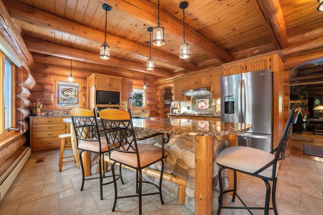 kitchen featuring stone tile flooring, a baseboard heating unit, wood ceiling, under cabinet range hood, and stainless steel fridge with ice dispenser