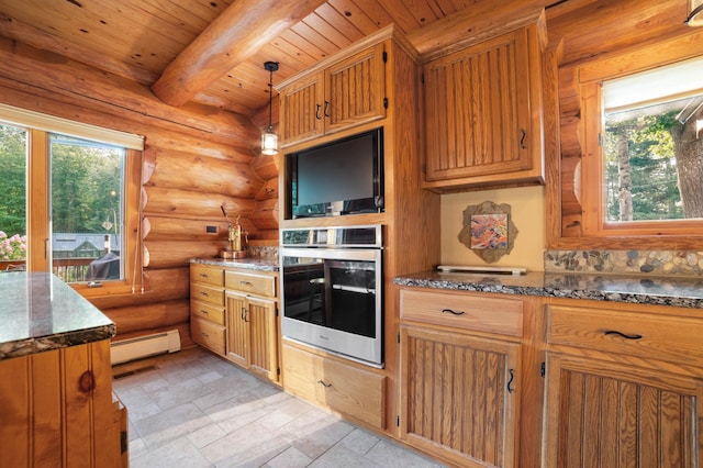 kitchen with wooden ceiling, dark stone countertops, beamed ceiling, baseboard heating, and stainless steel oven