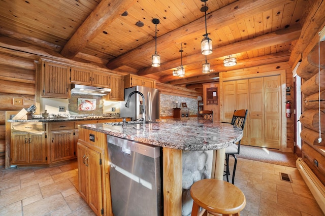 kitchen featuring wood ceiling, stone tile flooring, visible vents, and under cabinet range hood