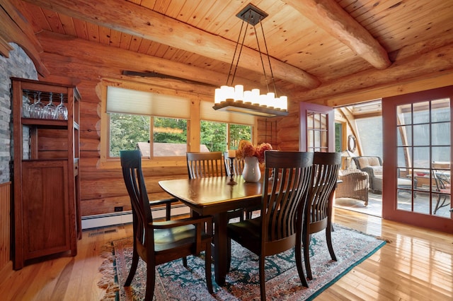 dining area with a chandelier, a baseboard radiator, wood ceiling, light wood finished floors, and beamed ceiling