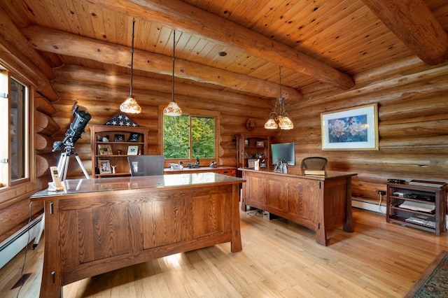 office space with wood ceiling, beamed ceiling, a baseboard radiator, and light wood-style flooring