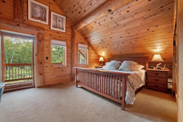 carpeted bedroom featuring access to exterior, wood ceiling, wood walls, and lofted ceiling with beams