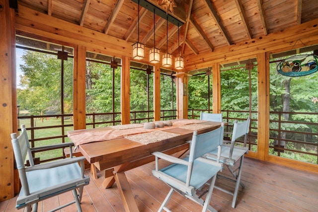 sunroom / solarium with lofted ceiling with beams and wood ceiling