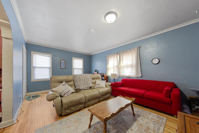 living room with hardwood / wood-style floors, crown molding, a textured wall, and baseboards