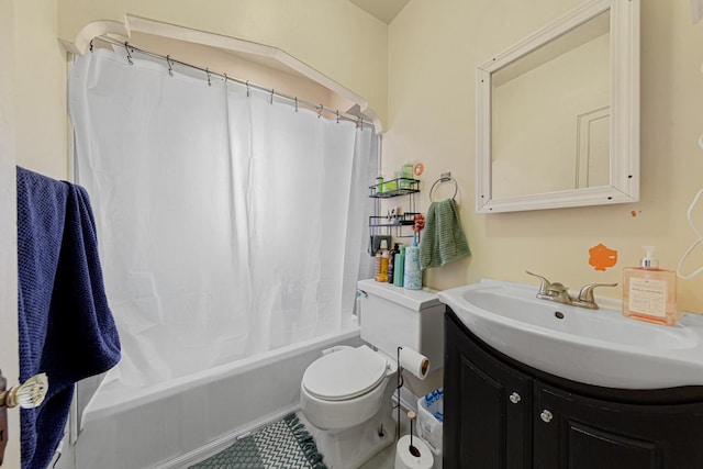 bathroom with shower / bath combination with curtain, toilet, and vanity