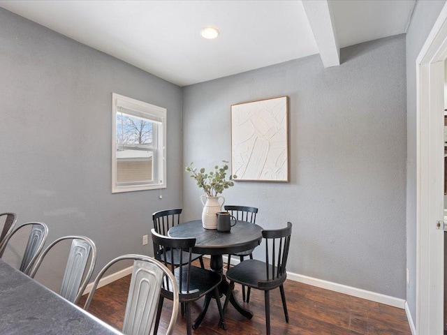 dining room featuring dark wood-style floors, beam ceiling, and baseboards