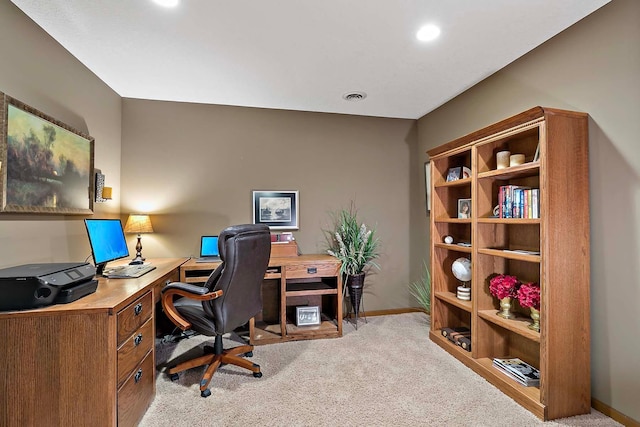 office space with recessed lighting, visible vents, light colored carpet, and baseboards