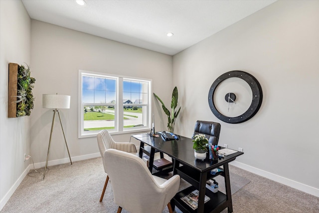 office area with recessed lighting, carpet flooring, and baseboards