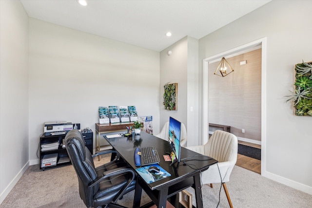 office area featuring a chandelier, carpet, baseboards, and recessed lighting