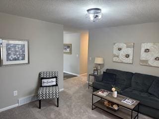 living area featuring carpet floors, a textured ceiling, and baseboards