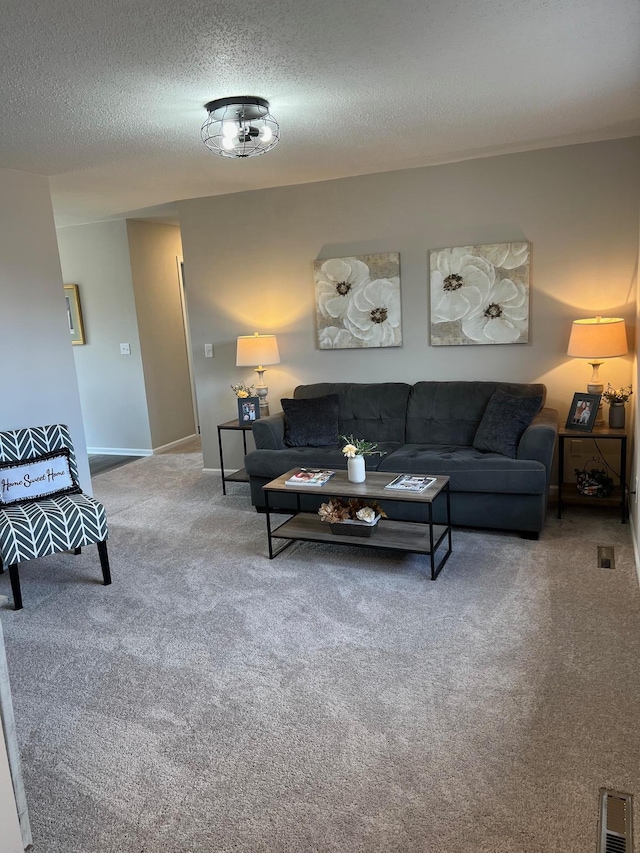 living area with carpet, visible vents, a textured ceiling, and baseboards