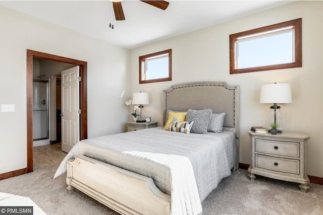 bedroom featuring ceiling fan, carpet, and baseboards