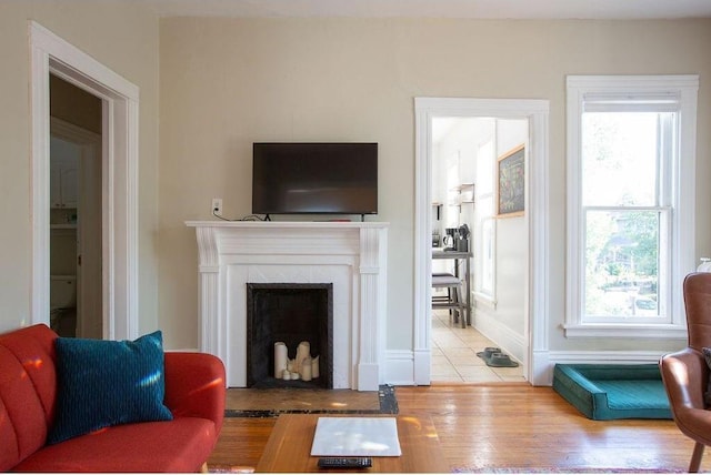 living room featuring a high end fireplace, a healthy amount of sunlight, and wood finished floors