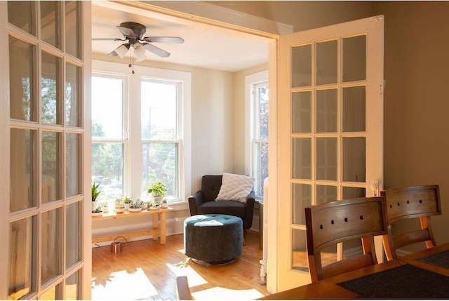 sitting room featuring ceiling fan and wood finished floors