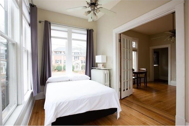 bedroom with ceiling fan, light wood-type flooring, and radiator