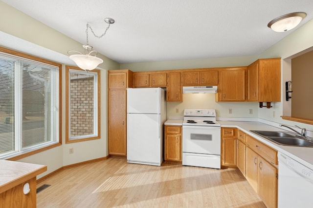 kitchen with light countertops, visible vents, a sink, white appliances, and under cabinet range hood