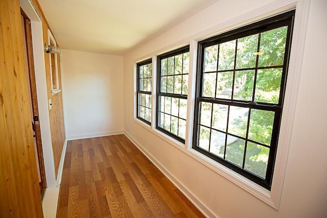 entryway with baseboards and wood finished floors