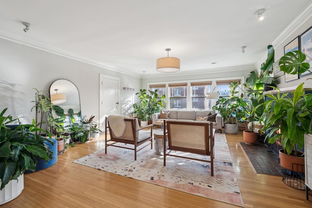 living room with crown molding and light wood-style flooring