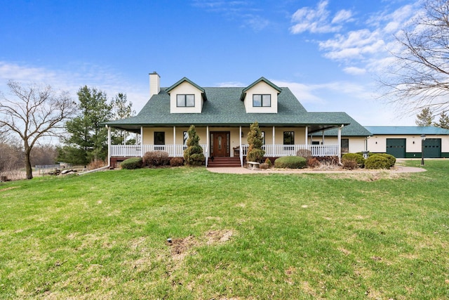 farmhouse-style home featuring a front lawn, a shingled roof, a porch, and a chimney