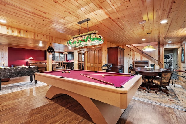playroom featuring wooden walls, pool table, wooden ceiling, and wood finished floors