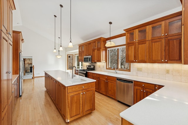 kitchen with tasteful backsplash, a kitchen island with sink, stainless steel appliances, and a sink
