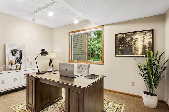 office space featuring track lighting, baseboards, and light colored carpet