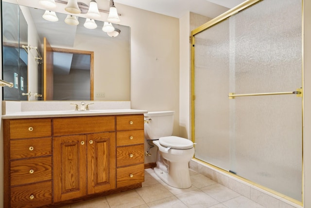 bathroom featuring a shower stall, tile patterned floors, vanity, and toilet