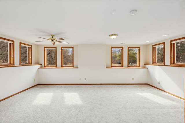spare room featuring a wealth of natural light, baseboards, and light carpet