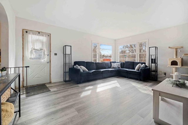 living room with baseboards and wood finished floors