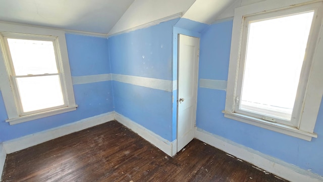 empty room featuring baseboards, lofted ceiling, and wood-type flooring