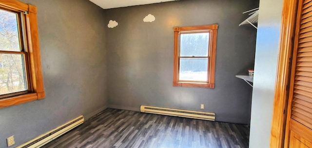 interior space with a baseboard heating unit, baseboard heating, and dark wood-style floors