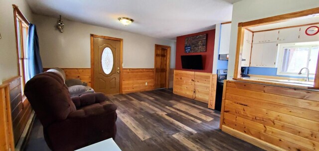 living area featuring dark wood-style floors, a wainscoted wall, and wood walls