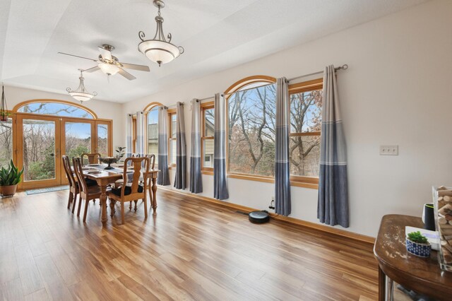 dining area featuring ceiling fan and light wood-style flooring