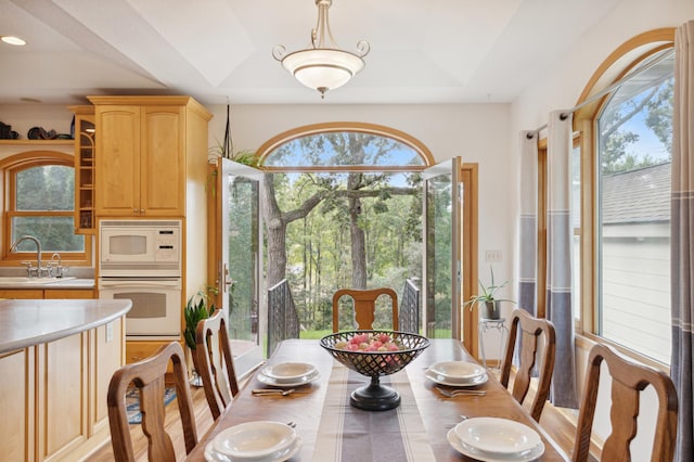 dining space featuring a raised ceiling