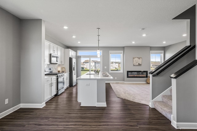 3485 109th Ln NE, Blaine, MN 55449 - kitchen with stainless steel appliances, a sink, open floor plan, dark wood-type flooring, and a fireplace