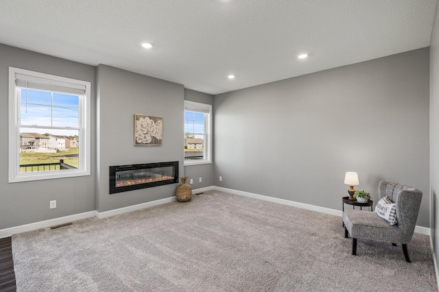 3485 109th Ln NE, Blaine, MN 55449 - living area with a glass covered fireplace, carpet, recessed lighting, baseboards, and a textured ceiling