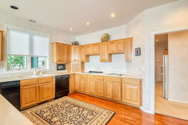 kitchen with light countertops, a sink, light wood-style flooring, and black appliances